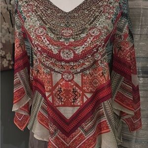Westport Beaded V-Neck Boho Tunic in Red and Cream